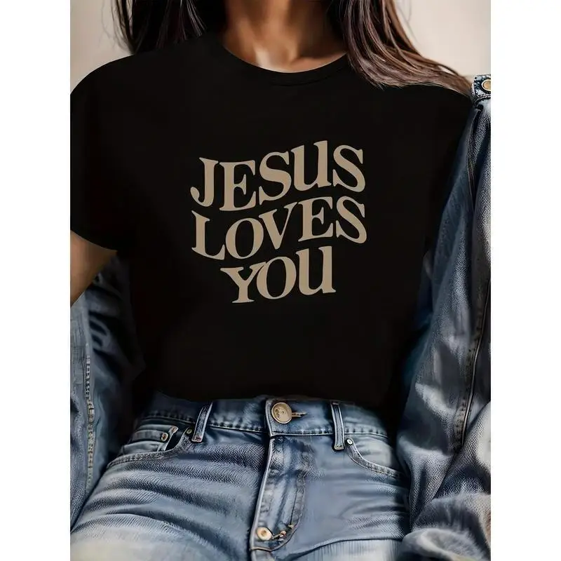 

Women's Jesus Loves You T-Shirt Christian Religious Faith Aesthetic Tops Casual Loose Tees