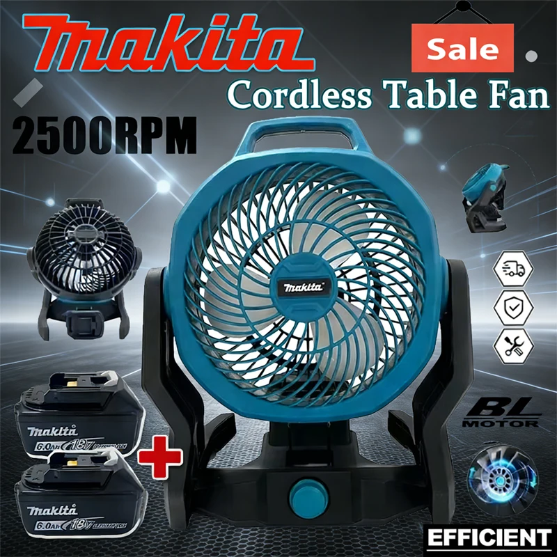 

Makita Cordless Table Fan Portable Camping Fan 21V Multi Purpose Adjustable Head 3 Speed Setting Powered Desktop Floor Fan