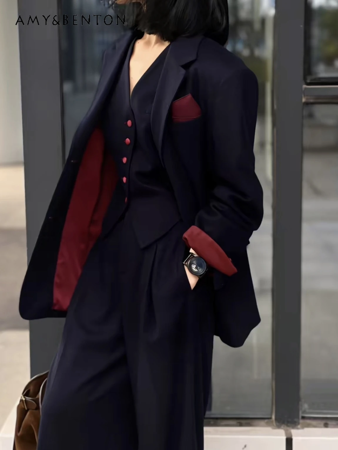 

High-End Elegant Suit Pant Sets Women Loose Suit Jacket Slim Vest Wide-Leg Pants Commuter Style Fashion Graceful Three-Piece Set