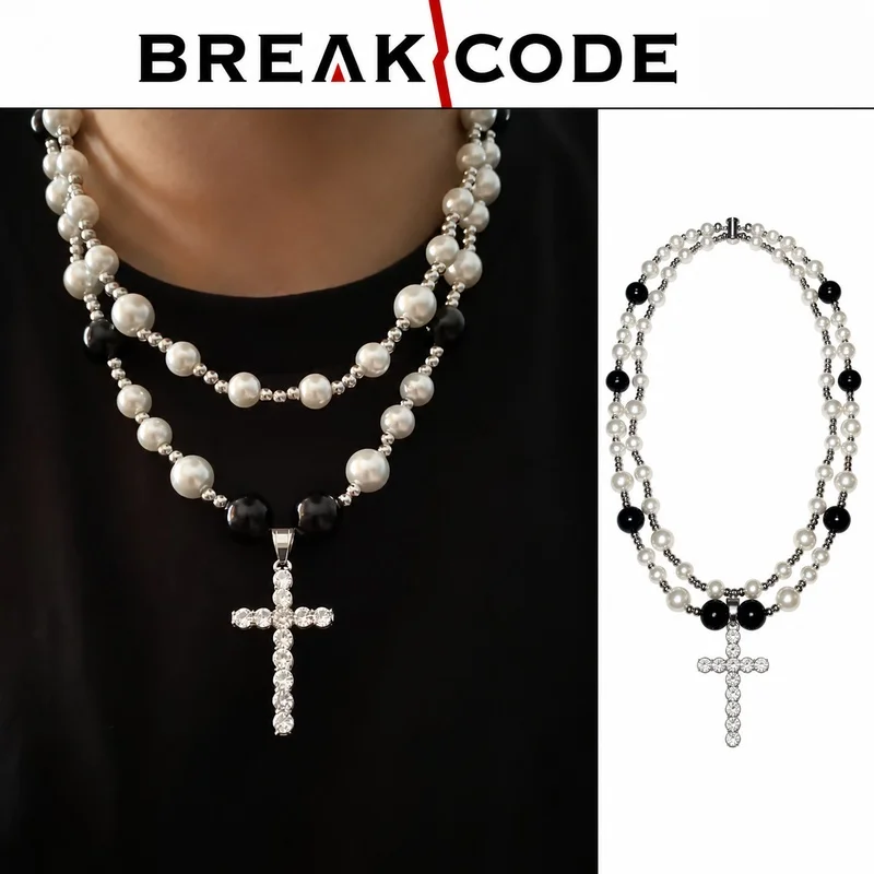 Men Cross Pendant Necklace Double Layer Pearl Chain Hip Hop Streetwear Rhinestone Fashion Jewelry for Party Daily