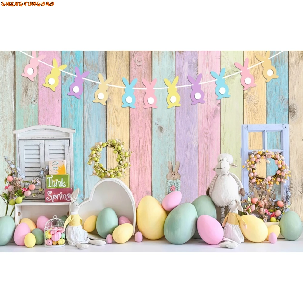 Spring Easter Backdrop Colorful Wood Board Bunny Egg Rabbit Green Grass Flower Easter Baby Portrait Photography Background Decor