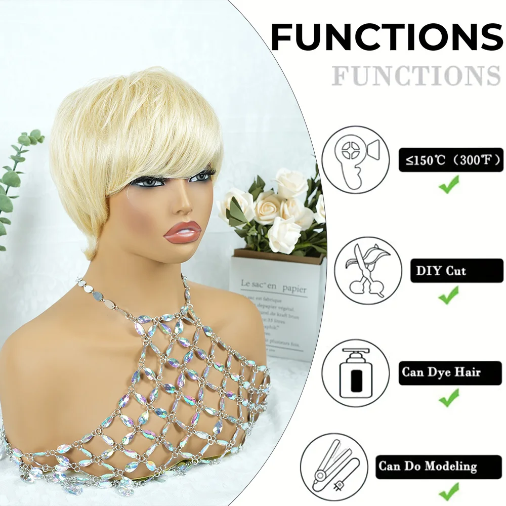 613 Blonde Men'S Natural Looking Short Straight Pixie Cut Wig Full Machine Made Brazilian Human Hair Wig With Layered Bangs