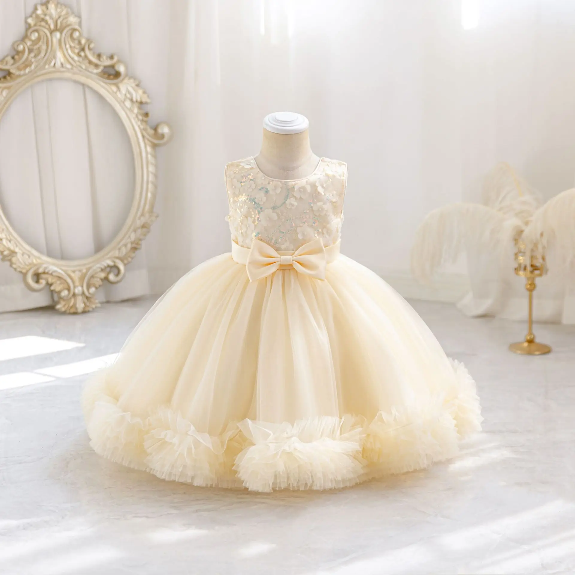 HETISO Tulle Puffy Flower Girls Dresses Sky Blue Lace Sequins Kids Birthday Princess Ball Gowns For First Communion Party view 5