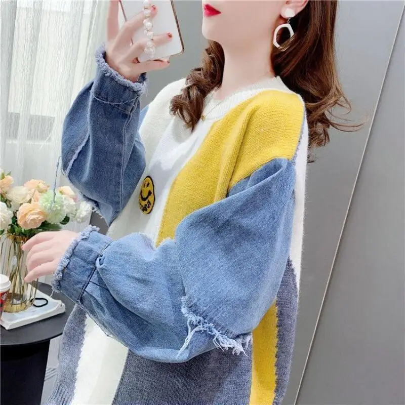 

Hot Autumn Winter New Fashion Women Round Neck Personalized Knitted Sweater Lazy Style Versatile Cowboy Splicing Loose Sweater