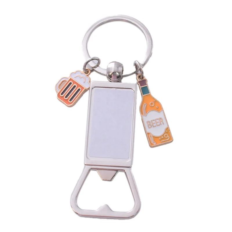 Thermal Sublimation Blank Printed Father's Day Stainless Steel Bottle Opener Keychain Metal Beer Bottle Driver Key Chain Pendant