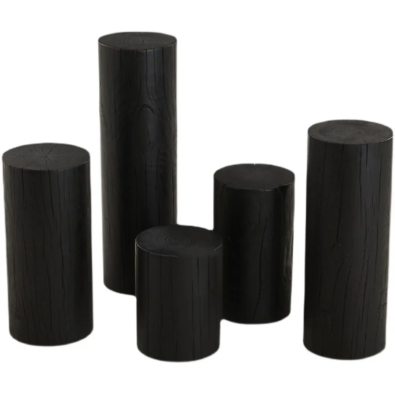Wabi-sabi style carbonized black round wooden stump flower stand homestay tree stump vintage ornament new Chinese style natural