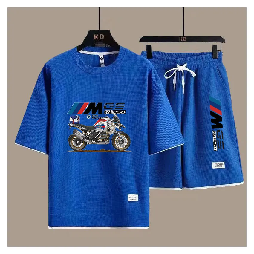 Men's T-shirt and shorts with BMW motorcycle fleet logo, men's outdoor set, 2025 summer short sleeved, new fashion