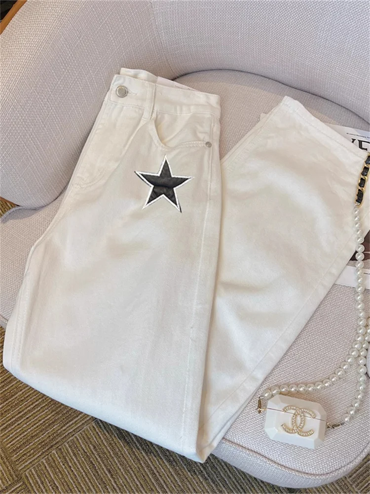 Faionable luxo cintura alta perna reta jeans ex verão high-end solto idade-defng casual calças de perna larga