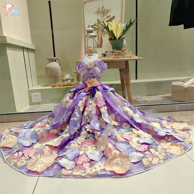 Luxury Purple Flower Long Tail Princess Dress For Small Medium Dog Fashion Handmade Pet Dog Clothes Puppy Dog Photography skirt