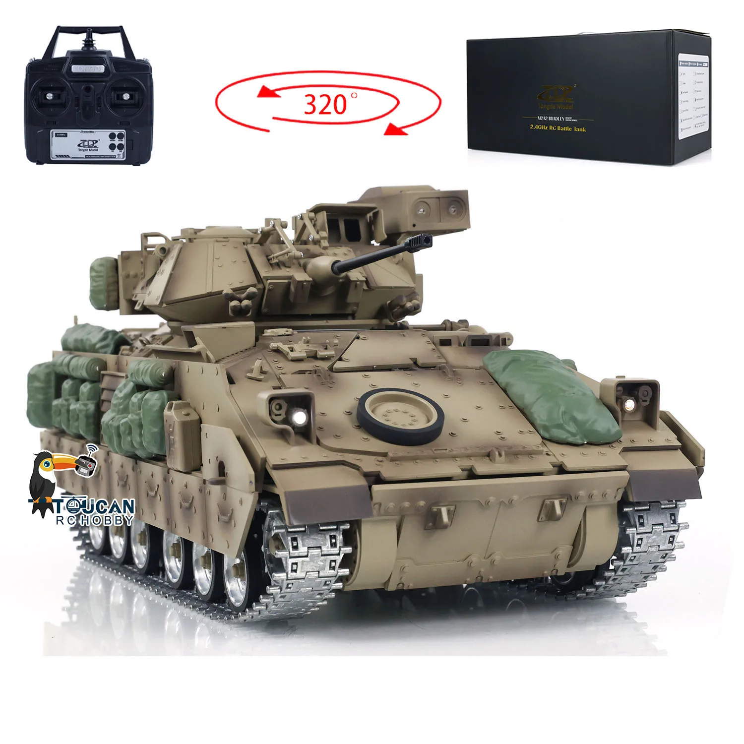 Td-rc-軍用戦車m2a2, 1/16,金属トラック,赤外線,砲身,反動,無線制御,rtr,戦闘車両,おもちゃ