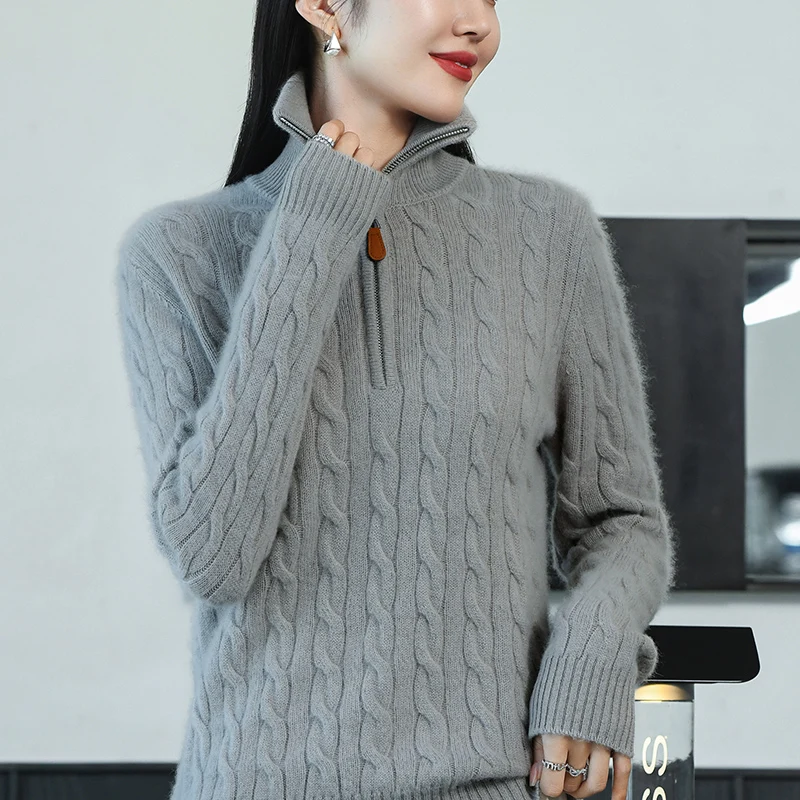 New 100% Cashmere Sweater for Women, Seven Needle Thick Twisted Flower Half Zipper Casual Versatile Temperament Sweater