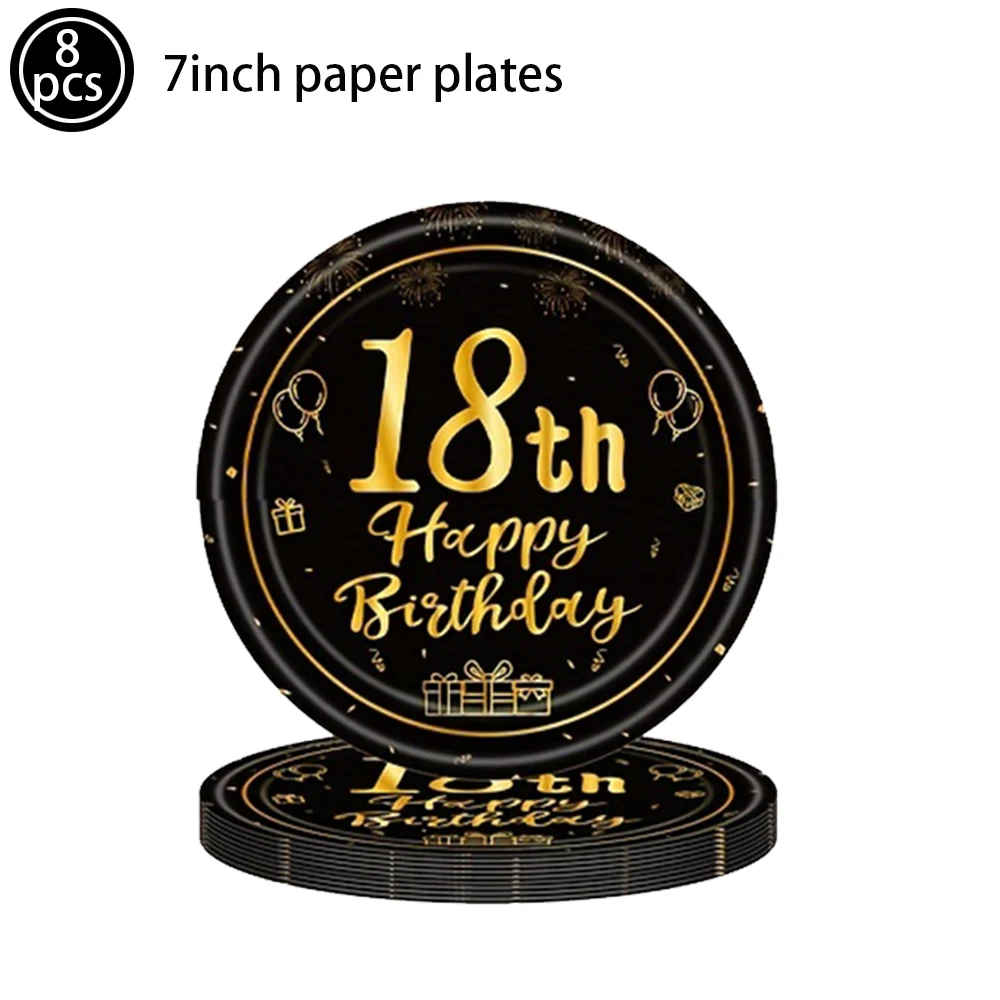 Schwarz Gold Party Einweggeschirr Pappteller Serviett Tasse Ballon Jungen Mädchen Alles Gute zum 18. Geburtstag Partydekorationen Zubehör – Detail 4