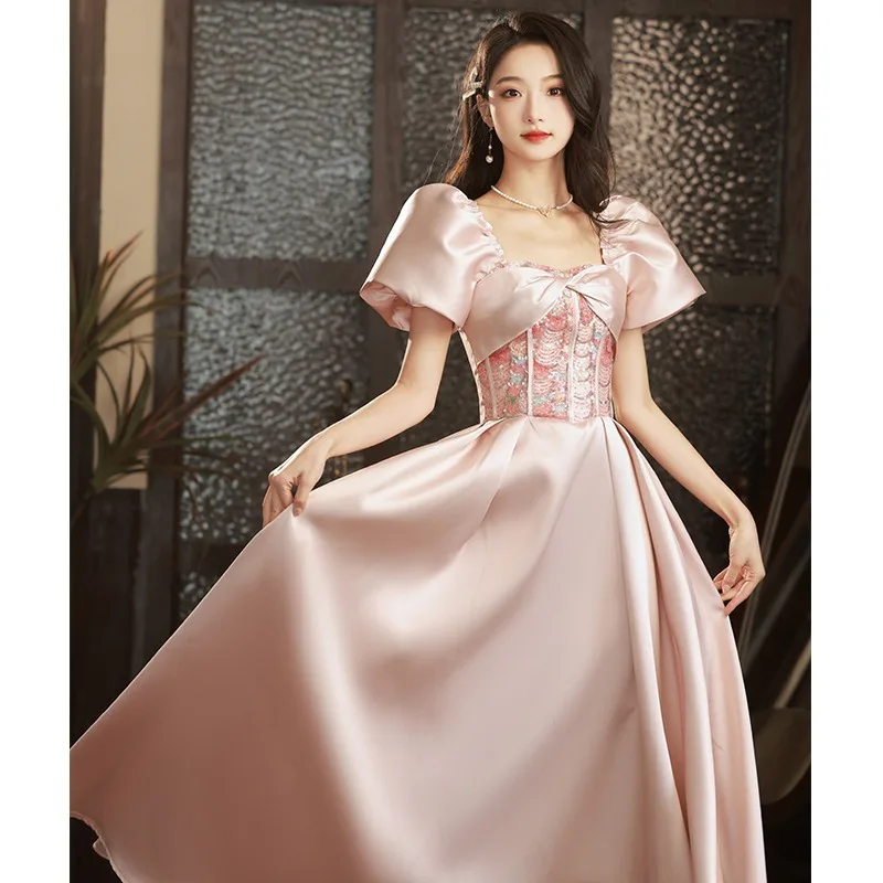 

Elegant Pink Satin Evening Dress French Style Sequins Puff Sleeve Long Dress Female Formal Prom Princess Gowns