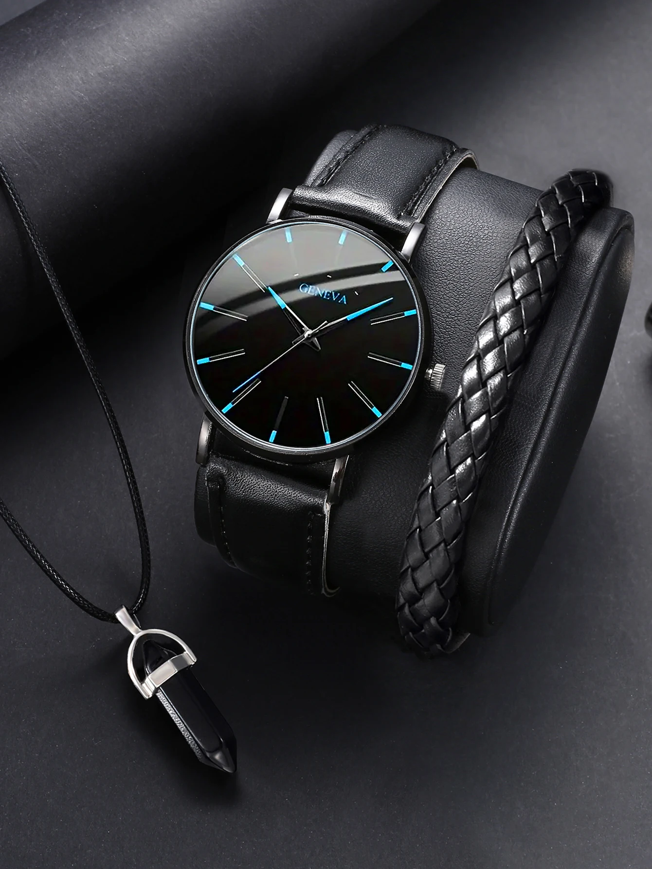 男性用レザーバスケット針クォーツ時計、弾丸ネックレス、カジュアルブレスレットギフト、すべてのアイテム、ファッション