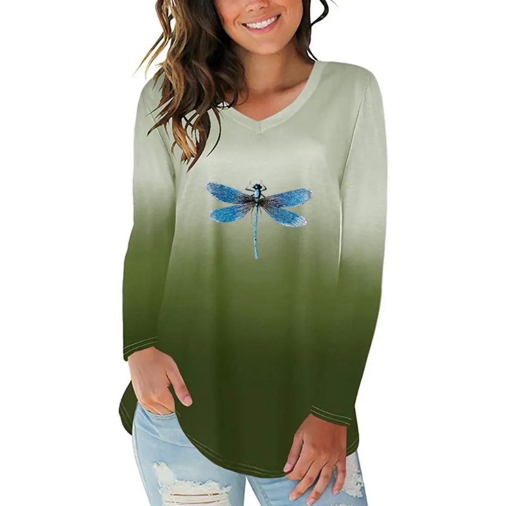 

Women's Gradient Color Dragonfly Print T-shirt V-neck Long Sleeve Irregular Hem European And American Style by