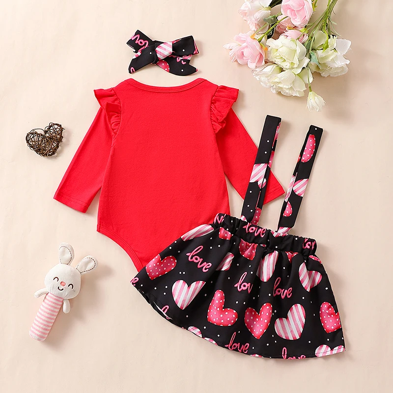 0-18M Baby Girl 3PCS Red Skirt Suit Long-Sleeved Letter Printed Jumpsuit Top Heart-Shaped Printed Suspender Skirt Headband Set