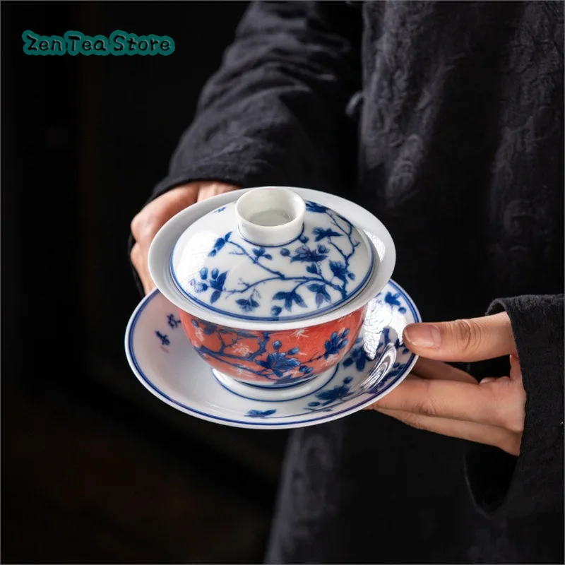 China-Chic Ancient Blue And White Porcelain Light Luxury Sancai Cover Bowl Ceramic Red Glazed Begonia Kung Fu Tea Set