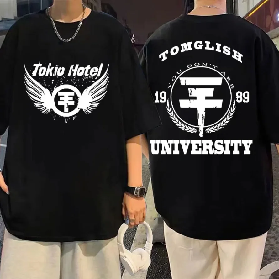 تي شيرت بأكمام قصيرة للرجال والنساء ، قطن ، فرقة روك ، فندق طوكيو ، طباعة حروف ، أساسي صيفي ، أسود ، حجم كبير