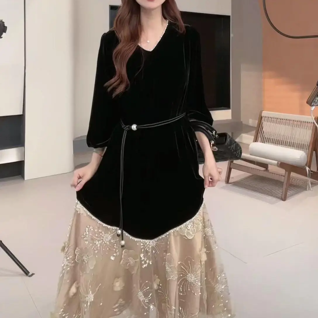 

French elegant temperament dress women's autumn new fashionable foreign style medium and long splicing skirt