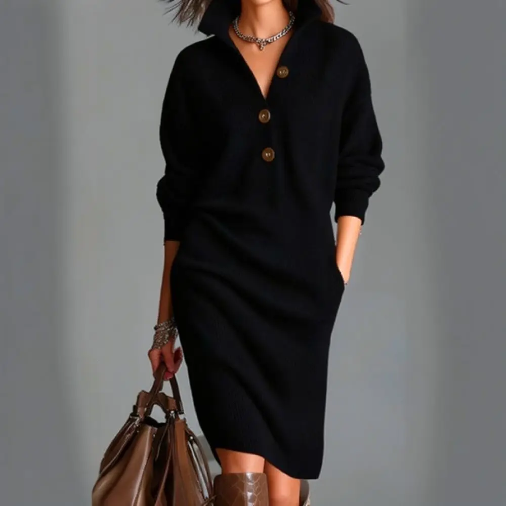 Women Fall Sweater Dress Long Sleeve Lapel Button Up Loose Straight Knit Midi Dress Fashion Casual Streetwear Comfortable