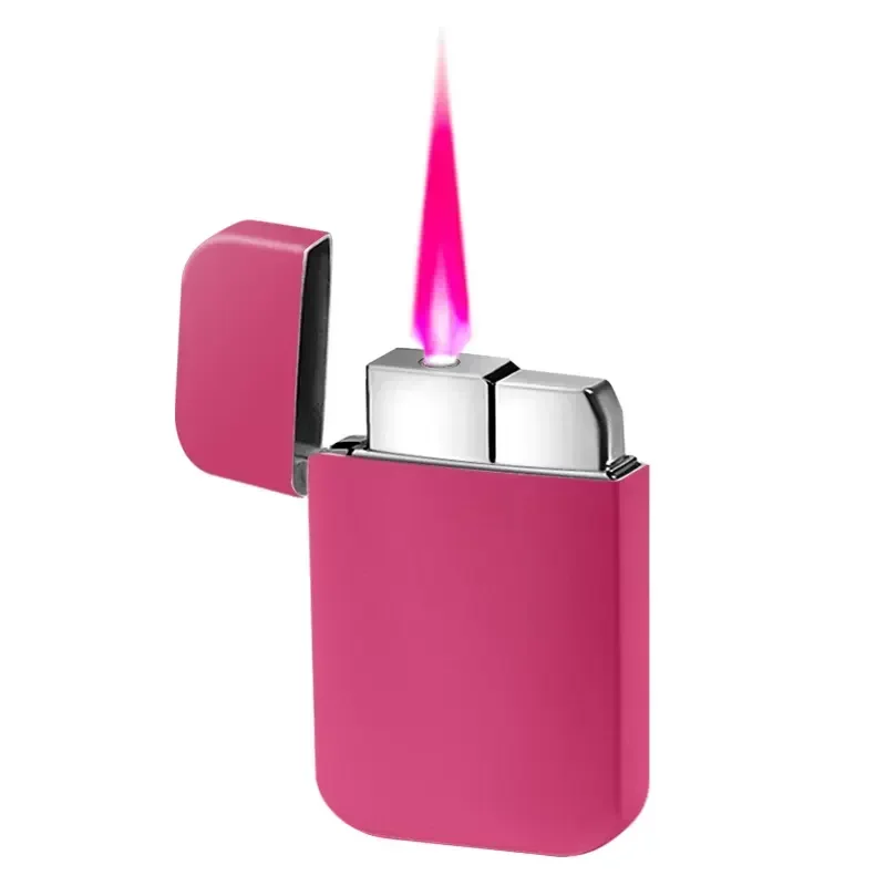 Ultra Thin Metal Windproof Inflatable Lighter Sprays Pink Flame Butane Portable High Firepower Lighter for Women Smoking Gift