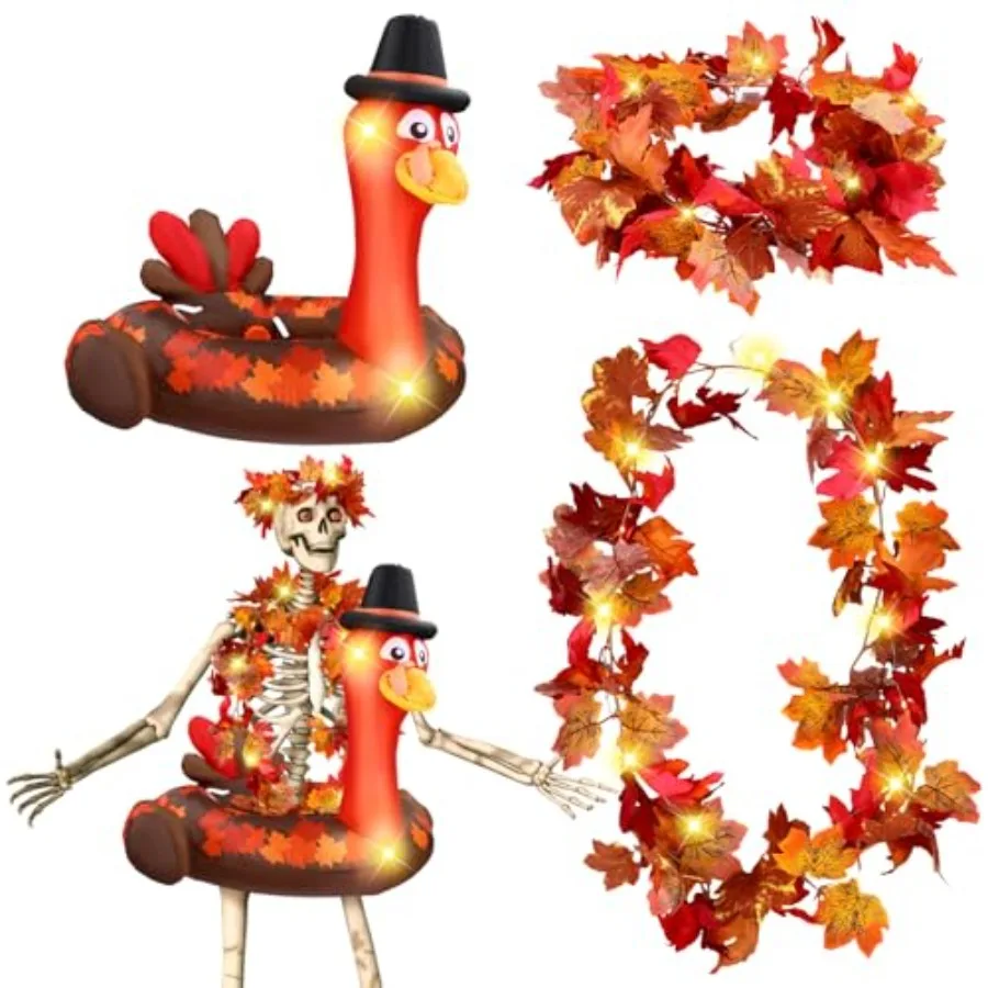 

4 Pcs 12 Feet Skeleton Costumes Set Includes Inflatable Turkey Swimming Ring with Light Maple Leaves Leis Chest Ring and Headpi