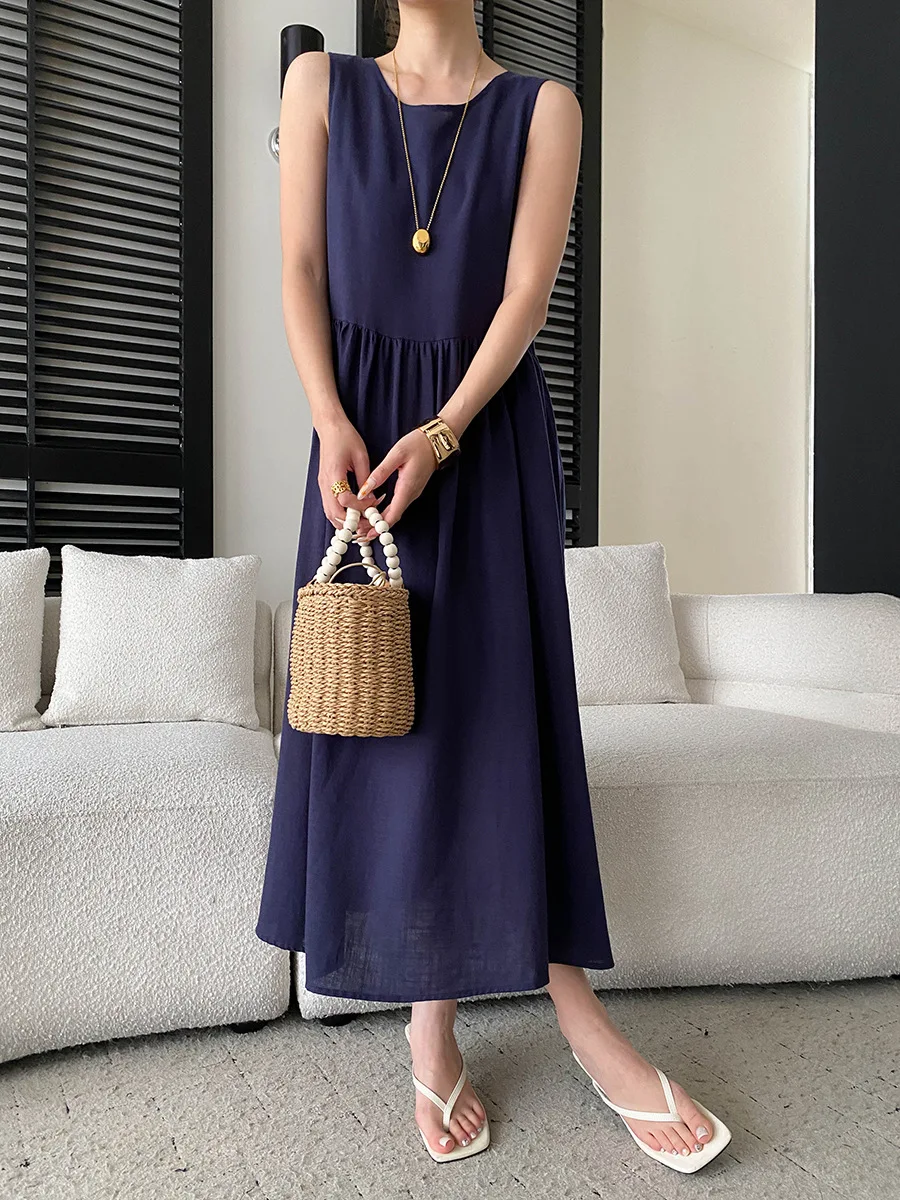 Sommerliches, lässiges, einfarbiges, ärmelloses Patchwork-Kleid mit Rundhalsausschnitt für Damen – Detail 21