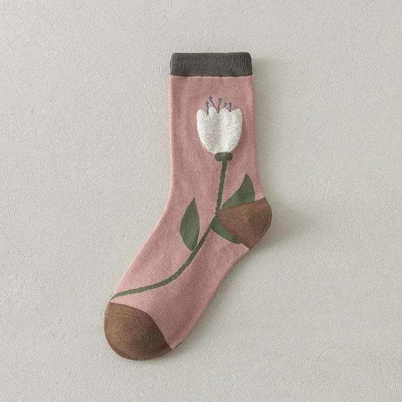 Różowe skarpetki haftowany kwiat Harajuku Retro Vintage damskie skarpetki College Style licealistki japońskie Kawaii śliczne długie skarpetki — zdjęcie 7