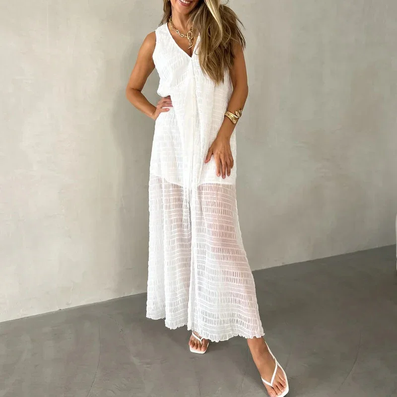 Libeliy 2025 sexy profundo decote em v divisão solta tanque vestido moda altura cintura pulôver vestido de festa feminino elegante retalhos sólido l