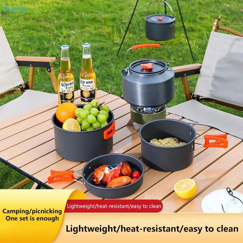 ✔ Juego de utensilios de cocina para acampar, vajilla portátil de aluminio para exteriores, kit de cocina, sartén, tazón, hervidor, olla, equipo para senderismo, barbacoa y picnic