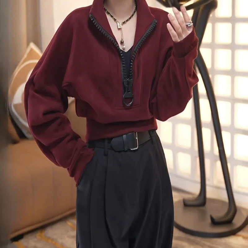 

Корейский стиль, рукав «летучая мышь», молния, высокий воротник, бархатный свитшот для женщин, зимняя новая мода, темпераментный универсальный теплый топ