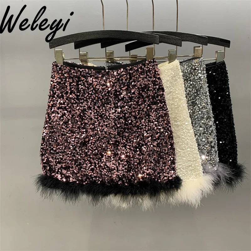 Sexy Shinny Sequins Splicing Feather Spice Short Skirt Women 2024 Autumn Hot Girl High Waist A-line Zipper Hip Wrap Mini Skirts