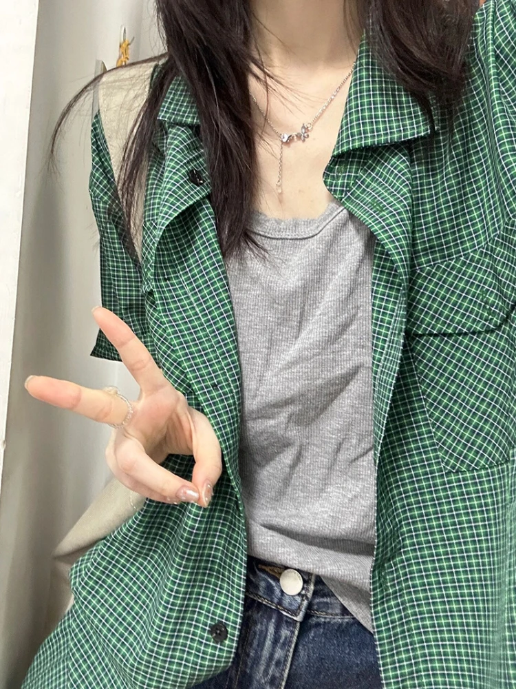 2024 Summer Short Sleeve Plaid Loose Women Blouse Y2k Aesthetic All Match Single Breasted Blusas Fashion Harajuku Pocket Shirt