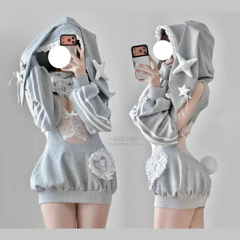 Original Gray Rabbit Sportswear Cosplay Set - Cute Japanese Lace Gymnastics Bodysuit with Detachable Hoodie Anime Jumpsuit view 5