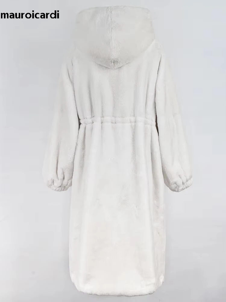 Winter Long Thick Warm White Fluffy Faux Fur Coat Women with Hood Drawstring Waist Zip Up Loose Casual Korean Fashion Clothes
