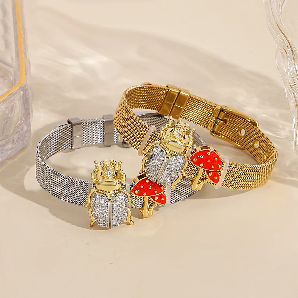 

DODOHAO Creative Waterproof Beetle Mushroom Watch Strap Bracelet for Women Adjustable Stainless Steel Wide Bangle Jewelry Gift