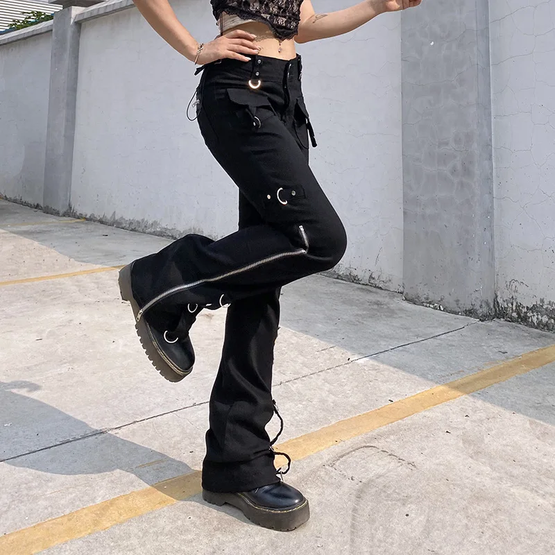 Dunkler Punk y2k Grunge niedrige Taille Emo Jeans Einkaufs zentrum Gothic Frauen schwarz Patchwork Elektro hose Mode Streetwear Alt Kleidung