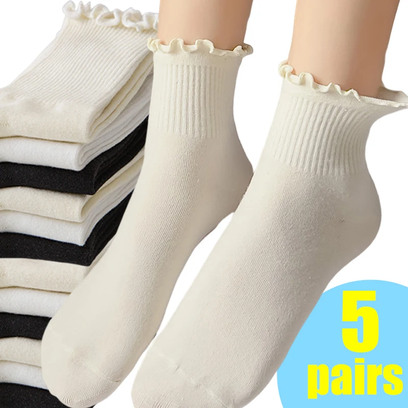 

5pairs Cotton Sockings Women Autumn Winter Socks Simple Soft Breathable Black White Sport Casual Middle Tube Sock Deodorant Sock