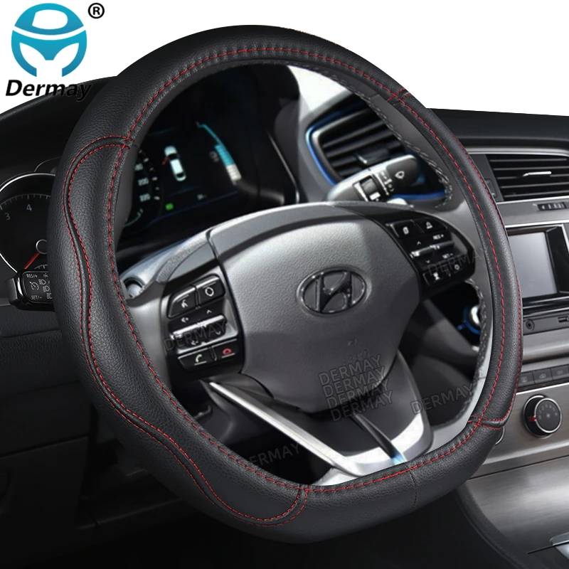 DERMAY Steering Wheel Cover D Shape for Hyundai ioniq 2016 2017 2018 2019 2020 2021 2022 PU Leather Car Styling Auto Protector