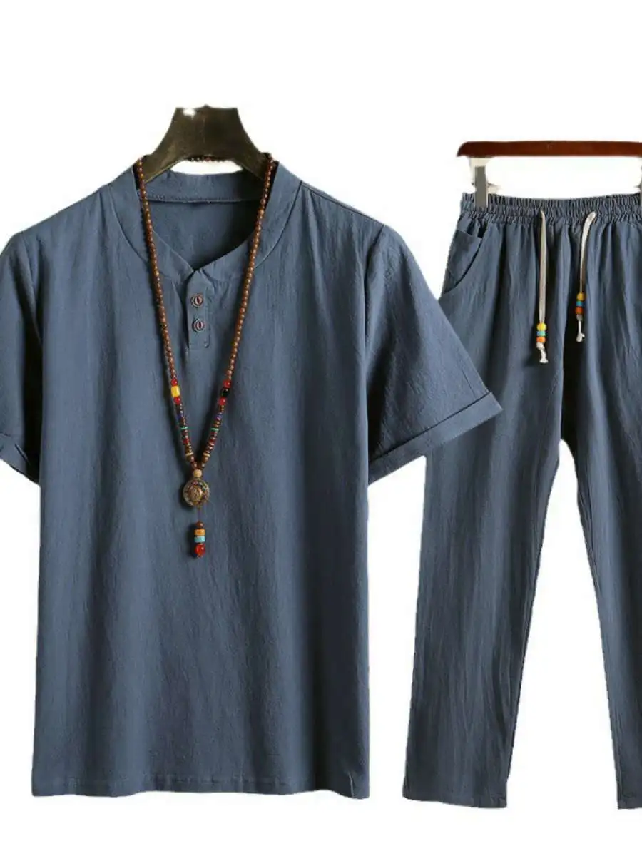 

Новый летний мужской комплект из хлопка и льна: винтажная футболка с коротким рукавом и брюки (двойка) для мужчин среднего возраста, модный этнический стиль 202