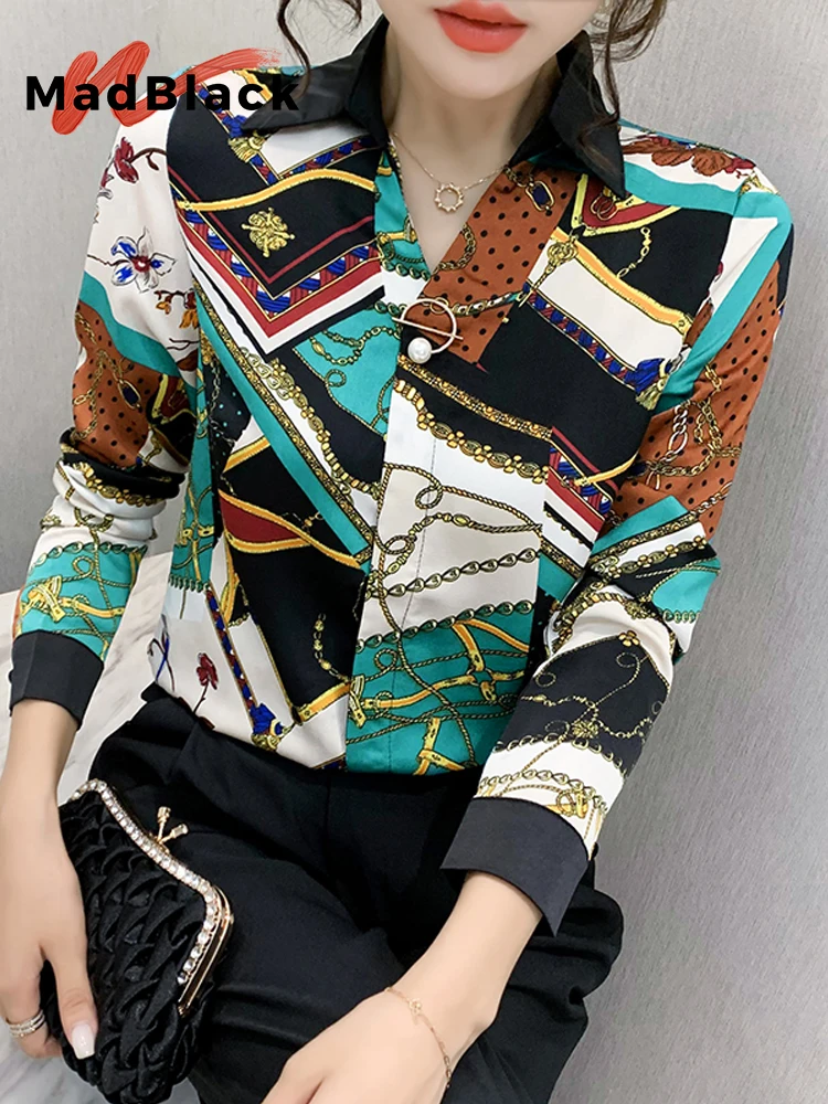 

MadBlack European Clothes Shirts Women Turn Down Collar Satin Geometry Print Tops Long Sleeve Blouses Spring Autumn New T43117JC