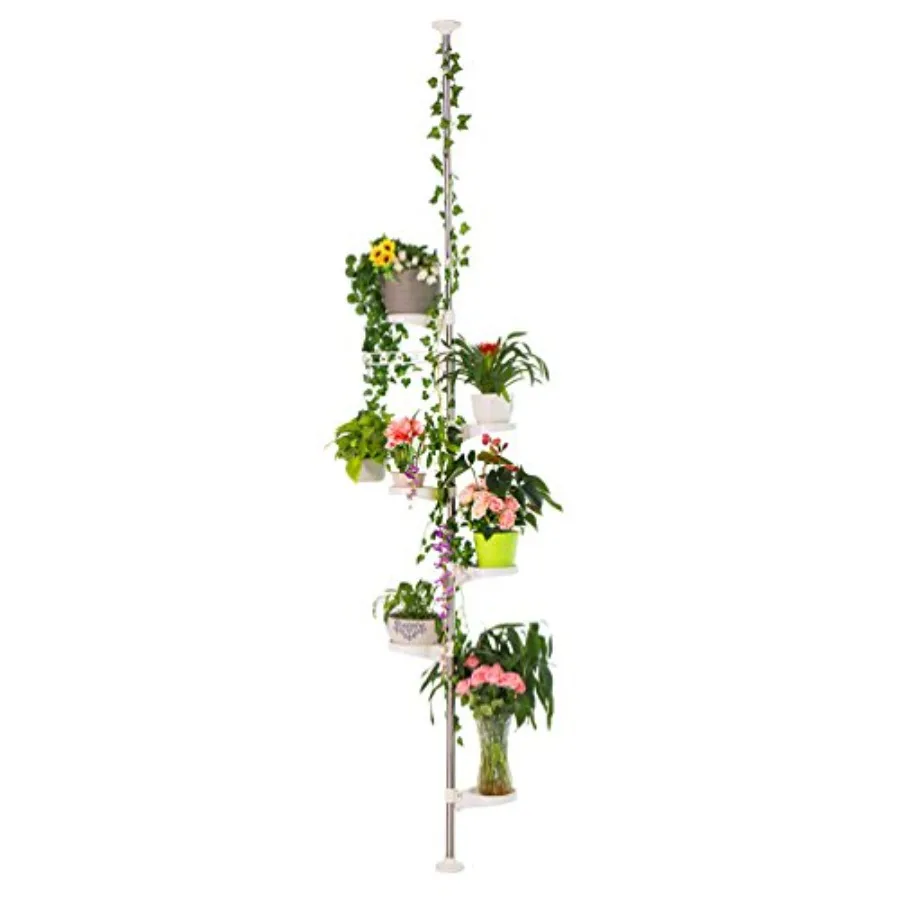 

7-Layer Indoor Plant Stands Spring Tension Pole Metal Flower Display Rack Space Saver Corner Floral Pot Hanger Shelf