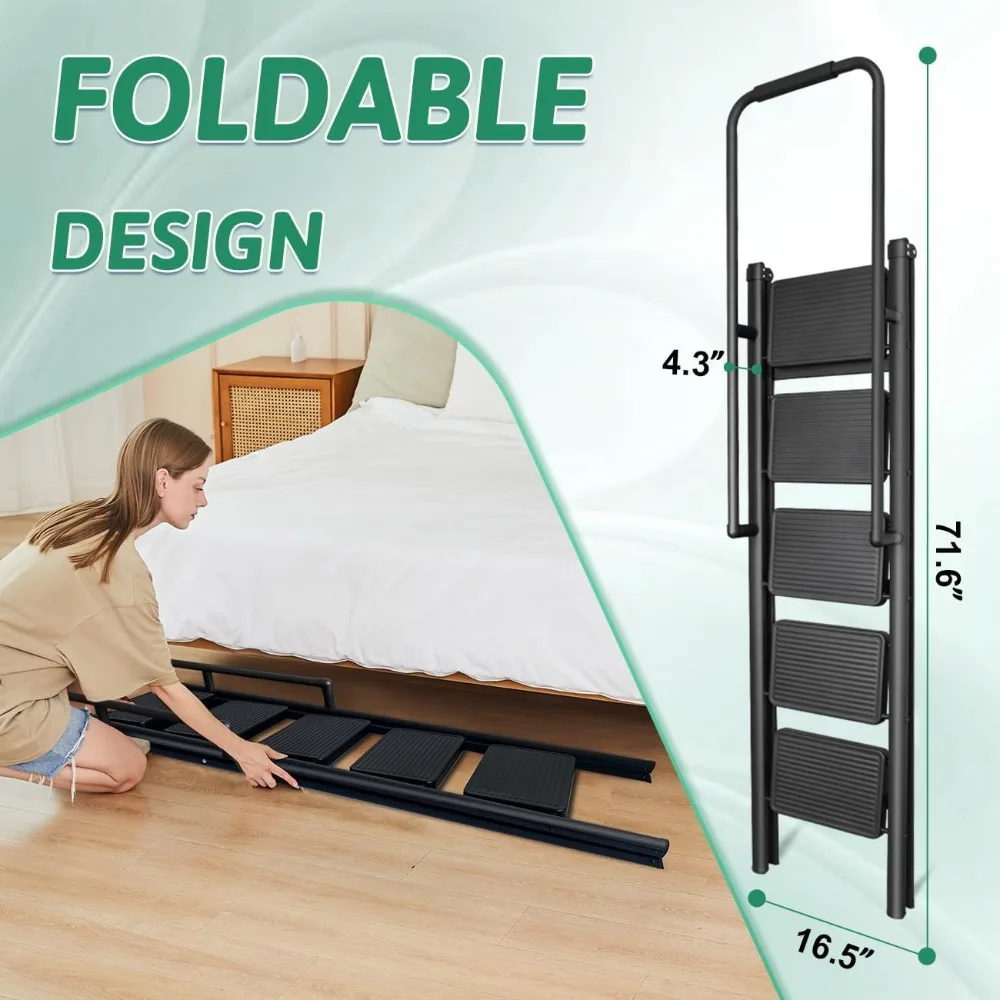 5 Step Folding Ladder with Handrails & Tool Bag, Heavy Duty 330lbs Capacity, Easy Storage Kitchen/Closet Ladder for Adults