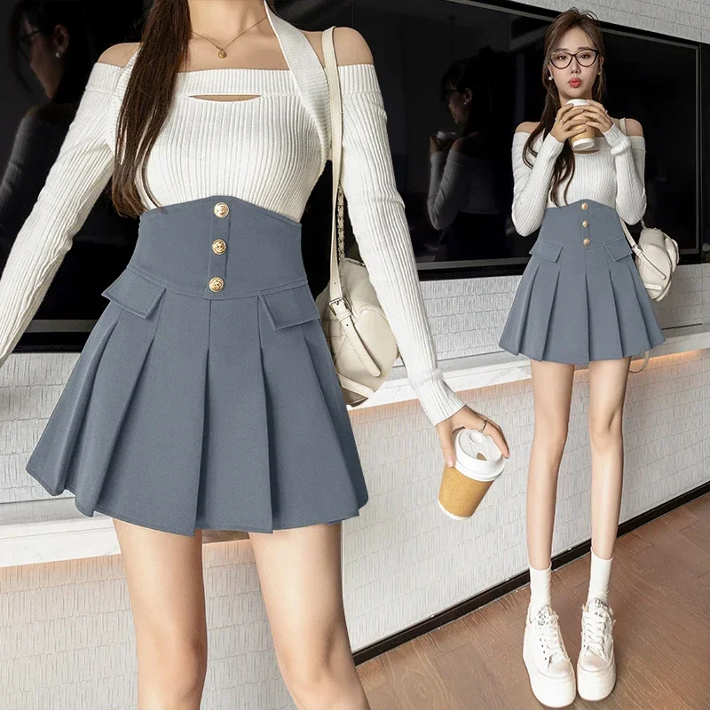 New High Waist Pleated Skirts for Women Solid Color Slim A-Line Korean Fashion Golden Buttons Skirt Sweet Mini Skirt Clothing