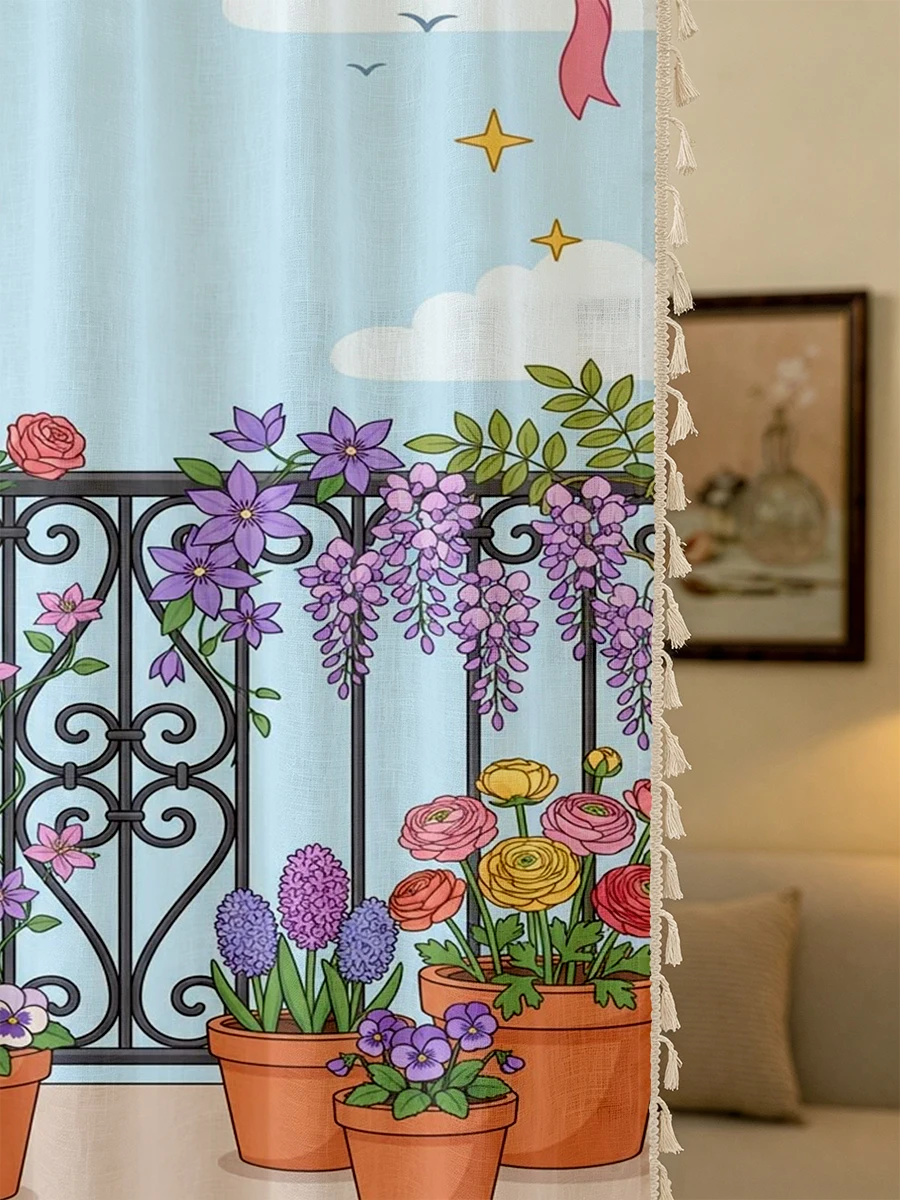 1PC Floral Tassel Sheer Curtains, Colorful Potted Garden Flowers on Balcony, Digital Print, Linen Polyester, Home Living Decor