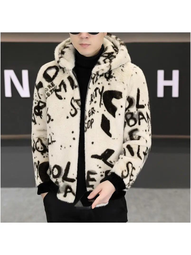 

2025 New Fleece Lined Thickened Korean Loose Design Letter Patterned Faux Fur Jacket Youth Winter Top Fashion Urban Casual Lo...