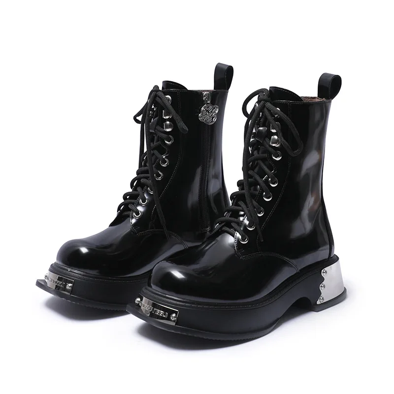 

Punk Style Metal Square Head Locomotive Boots Retro Velvet Thick-Soled Zipper Knight Boots Casual Versatile Women's Boots