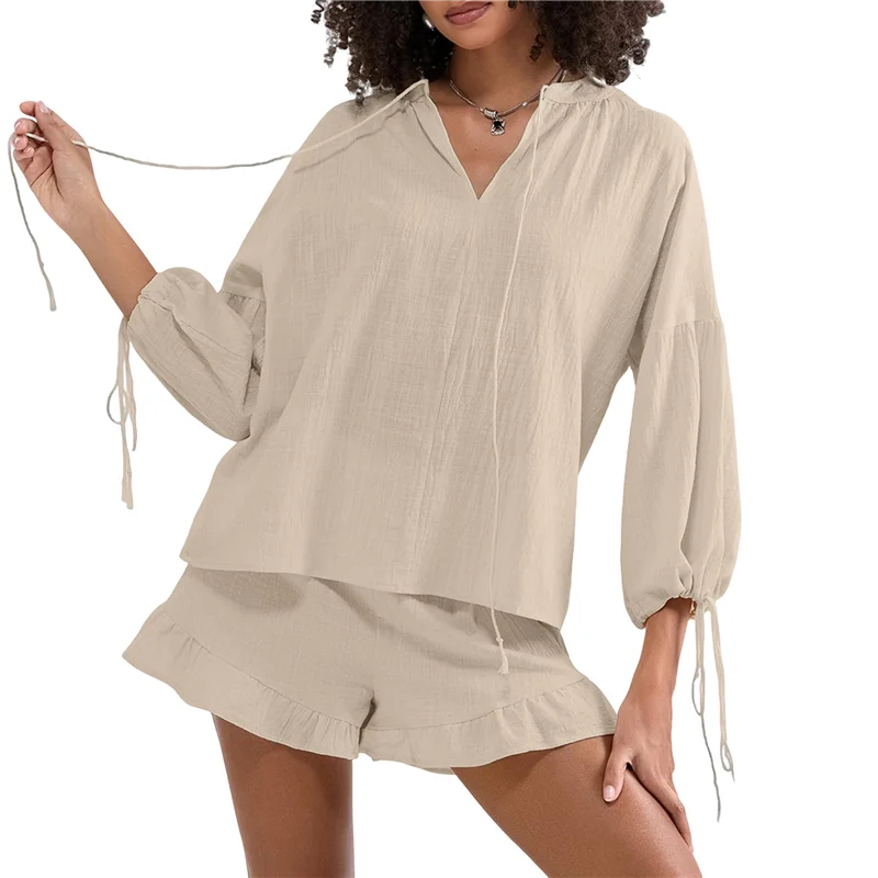 CYL-Zestaw damski: szorty, dwuczęściowy komplet, bluzka z długim rękawem i wiązaniem, oraz marszczone szorty typu bokserki, dopasowany zestaw na co dzień