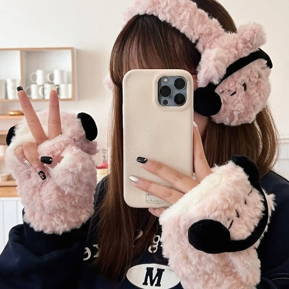 Soft Cat Half Finger Gloves Keep Warm Windproof Winter Plush Earmuffs Flip Ear Warmers Fingerless Gloves Children