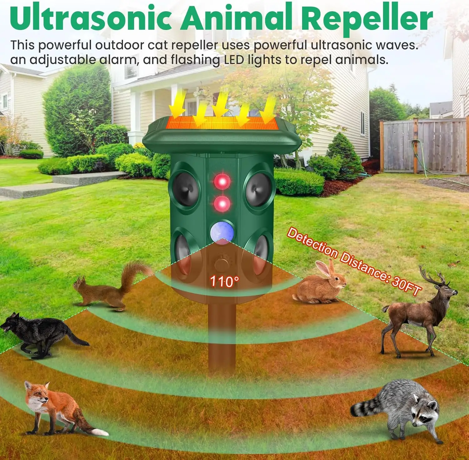 Solarbetriebener Ultraschall-Tierabwehrgerät mit 5 Modi, LED-Stroboskop, PIR-Bewegungssensor, Ratten- und Schlangenabwehr für Garten, Hof und Obstgarten – Detail 5